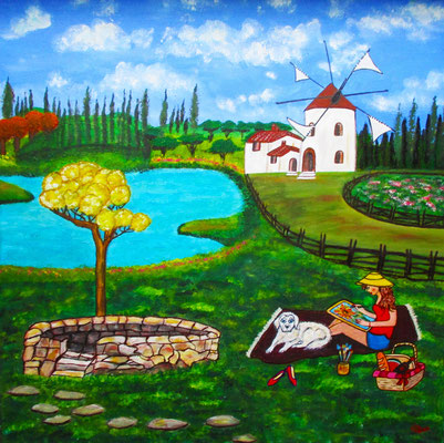Picknick an der Mühle, 60 x 60 cm, Acryl auf Leinwand