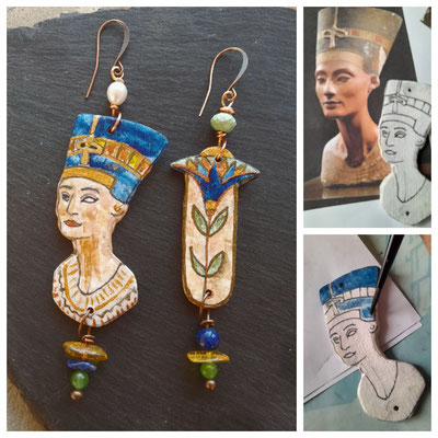 Orecchini Regina Nefertiti e Fiore di Loto in carta indurita dipinta ad acquerello e pietre dure