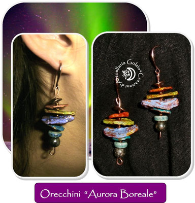 Orecchini "Aurora Boreale", in cartapesta, ceramica, rame, ematite