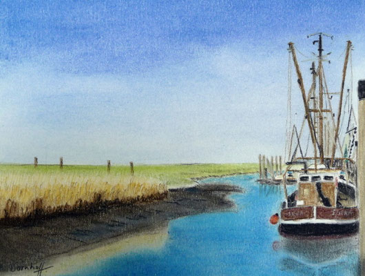 "Spieka-Neufeld" Der Kutterhafen Pastell auf Tonpapier 16x21 cm 07.2011