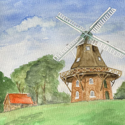 "Mühle in Midlum" Aquarell auf Papier 20x20cm 03.2023