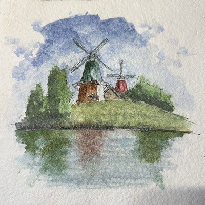 "Zwillingsmühlen Greetsiel" Aquarell auf Baumwolle 30x30cm 12.2024