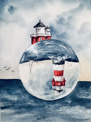 "Leuchtturm Roter Sand" Aquarell auf Arches Grain Fin DinA4 08.2024 