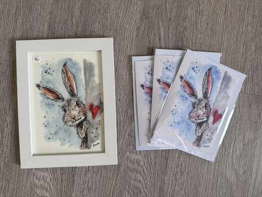 "Hasi" Aquarell gerahmt 13x18cm & Kartendruck