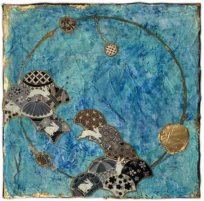 "Umlaufbahnen 3", 25 x 25 cm, teiloxydiertes Dekorgold, Acrylfarbe, Stoff
