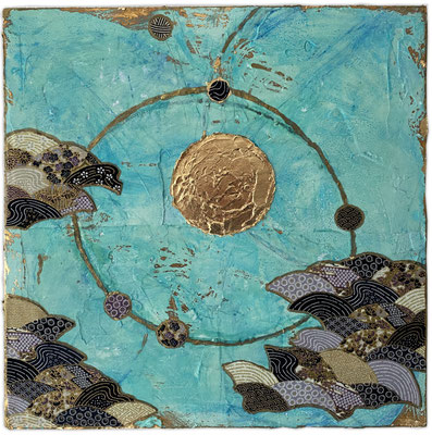 "Sternbild Spiegelei", 30 x 30 cm, Dekorgold, Acrylfarbe, Stoff