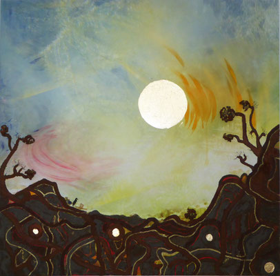 "Dinoversum", 100 x 100 cm, Acrylfarbe, Dekorgold, Eisenrost, auf Leinwand