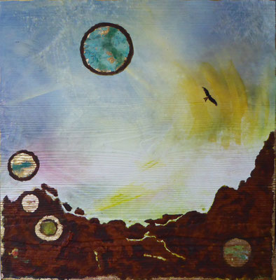 Adler, 40 x 40 cm, Druck auf Holz, Eisenrost, Dekorgold