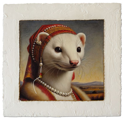 "Hermelin mit Perlenschmuck 1", Christina & KI, 30 x 30 cm inkl. Rahmen, Stoffdruck, Buntstifte, Fäden, auf Pappwabenplatte