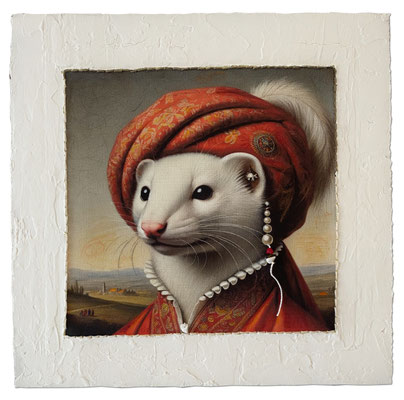 "Hermelin mit Perlenschmuck 2", Christina & KI, 30 x 30 cm inkl. Rahmen, Stoffdruck, Buntstifte, Fäden, auf Pappwabenplatte
