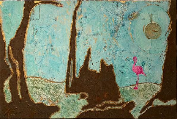 "Magnetklippen", 75 x 50 cm, oxydiertes Dekorgold, Eisenrost und Acrylfarbe auf Leinwand