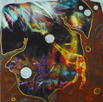 "Feuersalamanderin", 100 x 100 cm, Acrylfarbe, Eisenrost, oxydiertes Dekorgold