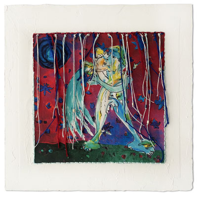 "Wassermann", Zeichnung von Guntram Prochaska, 30 x 30 cm inkl. Rahmen, Stoffdruck, Halbedelsteine, Buntstifte, Fäden, auf Pappwabenplatte