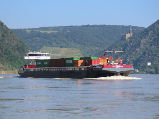 Motorcontainerschip Progres (ENI 02330688) varend op de Rijn, gebouwd in 2008