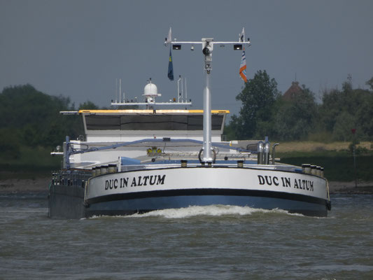Motorvrachtschip Duc in Altum (ENI 02331380) varend op de Waal, een 135 meter lang vrachtschip gebouwd in 2009.