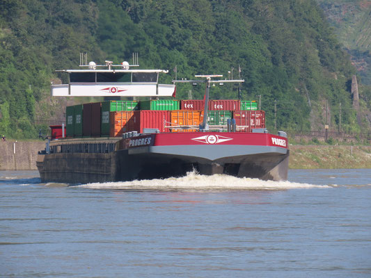 Motorcontainerschip Progres (ENI 02330688) varend op de Rijn, gebouwd in 2008, 135 meter lang, 