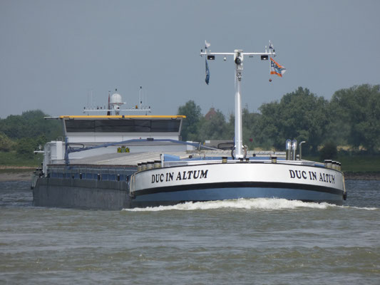Motorvrachtschip Duc in Altum (ENI 02331380) varend op de Waal, een 135 meter lang vrachtschip gebouwd in 2009