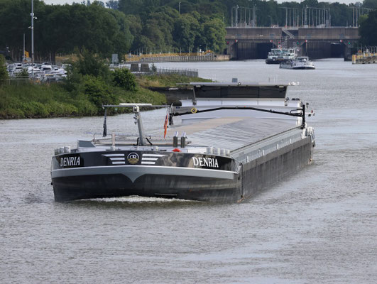 Motorvrachtschip Denria (ENI 06105601), voormalig Cortina en Denria, varend op het binnenwater.