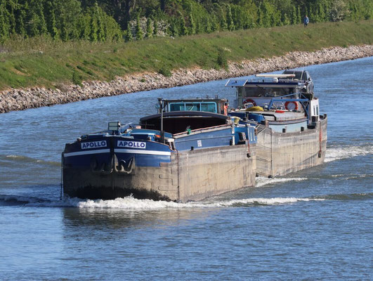 Foto vooraanzicht koppelverband: "Koppelverband Atillio Apollo met voorste spits Apollo (ENI 01822707) en achterste motorspits Atillio (ENI 06000558) varend op het kanaal"