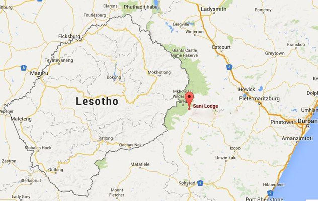 Karte von Sani Pass und Lesotho.