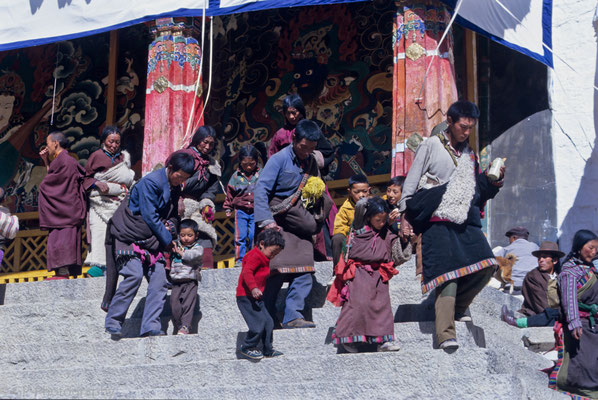 Tibetan people on the steps of Drepung Monastery, Tibet 1993