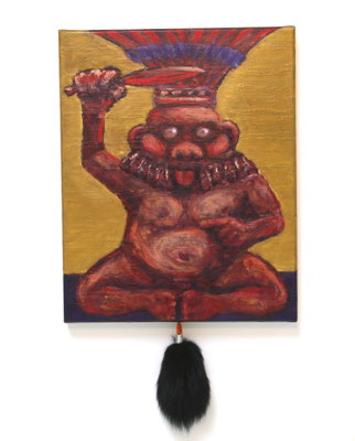 Cult Objekt Bes (2017) oil on canvas, rope, tail 50 x 40 x 3 cm