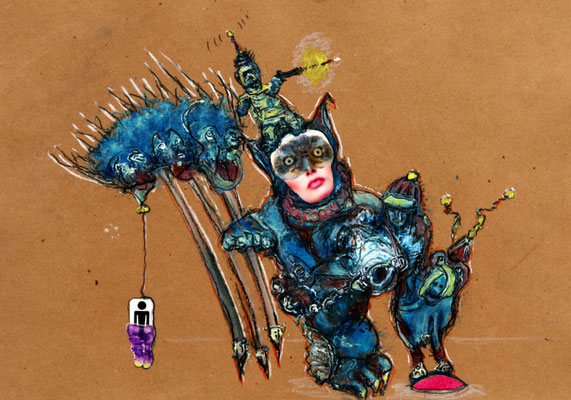 Buster rides again (2020) mixed media on banana paper 30 x 42 cm