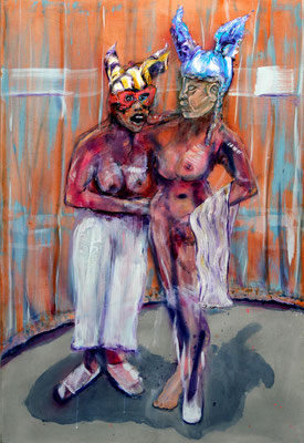 Girlfriends (2021)  oil, tempera, acrylic on canvas 146 x 100 cm