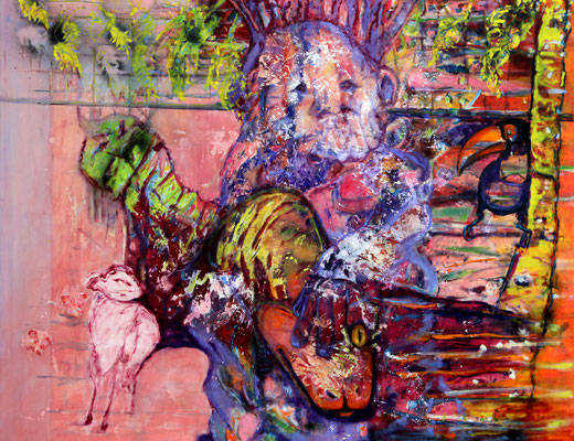 Bes with Anaconda (2019) oil, tempera, acrylic on canvas 140 x 180 cm