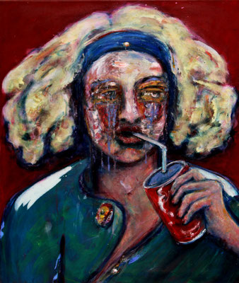 Marlene Sipping a Coke (2022) oil, tempera, acrylic on canvas 80 x 68 cm 
