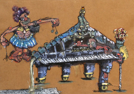 The piano has been drinking (2017) mixed media on banana paper 30 x 42 cm