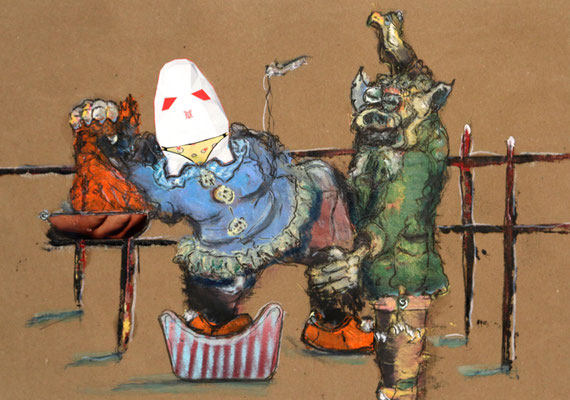 helping her into the tub (2017) mixed media on banana paper 30 x 42 cm
