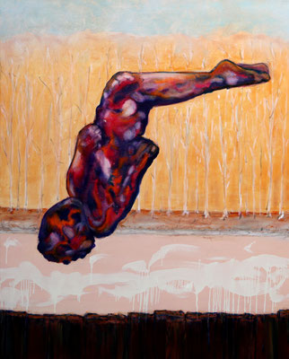 Ein roter Finger zeigt in deine Stirne (2023)  oil, tempera, acrylic on canvas 150 x 120 cm