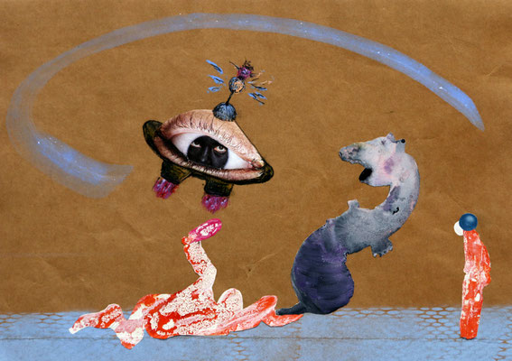 Drone Spotter (2023) mixed media on banana paper 30 x 42 cm