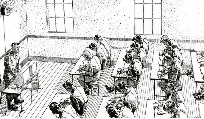  Complete layout of the Training Set Universal, Wireless, No.1. Each of the 36 operator's control units contained a Key WT 8 Amp. The "reception set" was a broad”  for voice and operator training