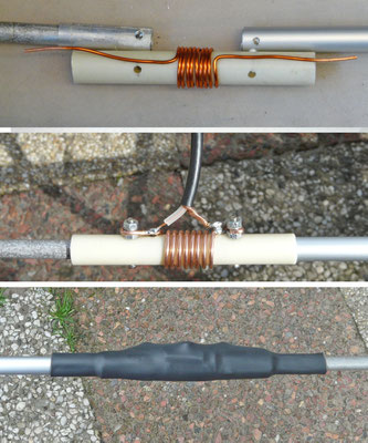 Trap dipole 4 and 6 meters. The piece of coax has been replaced by a ceramic capacitor of 15 pF 1000 V