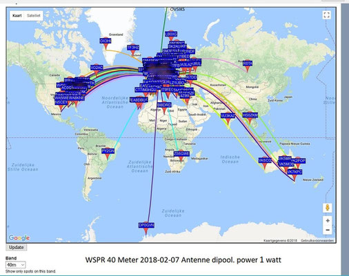 WSPR 40 Meter 7.0386 MHz. 2018-02-07 Antenne dipool 2 x 17 meter. PWR 1 Watt