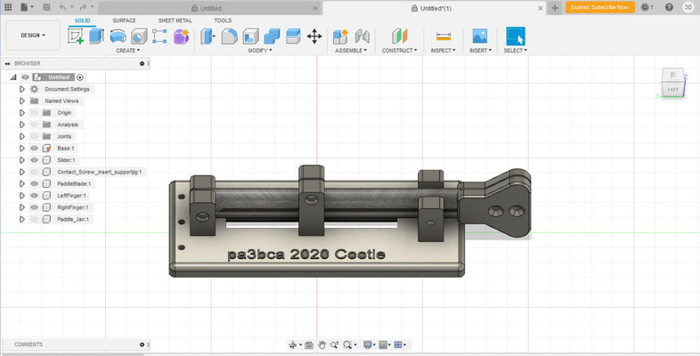 Sideswiper cootie key printed by Minto PA3BCA. With Autodesk Fusion.