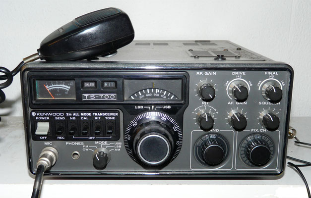 Kenwood TS-700. 2 meter multimode transceiver operation in FM, LSB, USB, AM and CW modes. Power output  10 watts FM, SSB, CW, 3 watts AM. Frequency coverage is 144-147.999 MHz