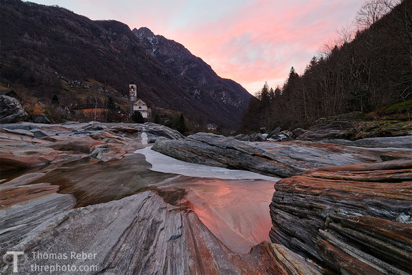 Switzerland, Lavertezzo, sunrise on ice