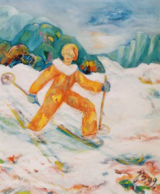 Schifahren | Öl auf Leinwand | 1999 | 50x60cm | Bewegungsfreude in Natur und frischer Luft blieb mir mein Leben lang erhalten.