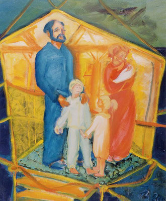 Familie | Öl auf Leinwand | 1999 | 50x60cm | Wir bauen ein Haus, haben 3 Kinder.