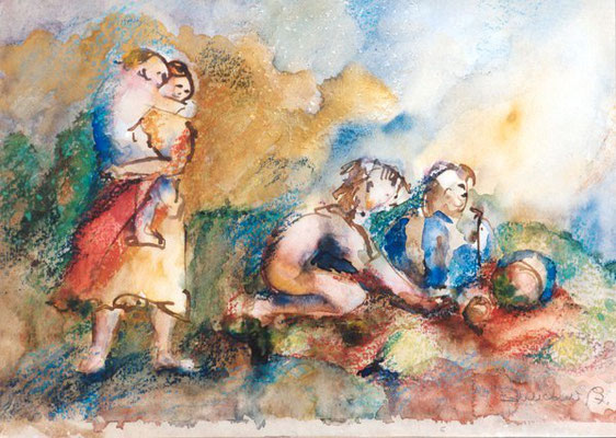 Mutter & 3 Kinder | Tusche, Aquarell, Pastell auf Papier | 1997 | 50x35 cm