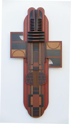 TÍTULO     :  "ESTELA-TÓTEM IV" MEDIDAS : 131x62x11cm. TÉCNICA   : PINTURA ACRÍLICA SOBRE MADERA  AÑO         :  2025 