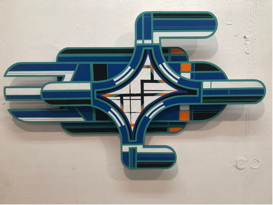 TÍTULO     :  "ESTELAR II" MEDIDAS : 52X86X5 cm. TÉCNICA   : PINTURA ACRÍLICA SOBRE MADERA  AÑO          :  2022  