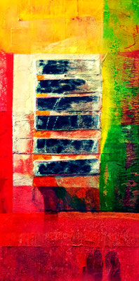 "Orakel" 08-2015, Leinwand, 60x100cm, Papier-Objektschichtung, 2015.