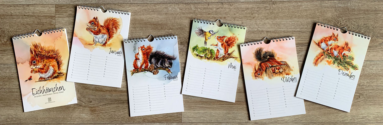 perpetual watercolor painting art birthday calendar Red Squirrels | Ewiger Aquarell Kunst Kunstkalender Kalender Geburtstagskalender Eichhörnchen | Sandra Mahn