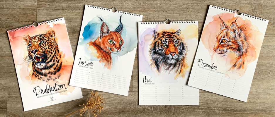 watercolor painting art birthday calendar big cats lion, leopard, tiger, caracal | Aquarell Kunst Kunstkalender Kalender Geburtstagskalender Löwe, Karakal | Sandra Mahn