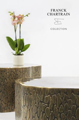 MAGNOLIA TABLES Textured bronze, polished bronze, silicified wood