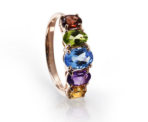 Gelbgoldener Ring mit verschiedenfarbigen Edelsteine, 2. Hälfte 20. Jahrhundert